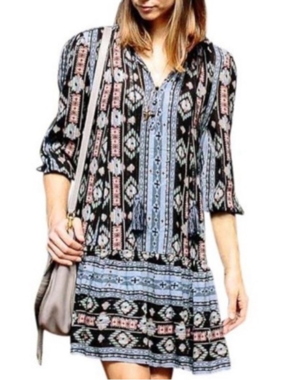 Anthropology Western Black Tunic Dress with Blue, Mint & Blush Aztec Print